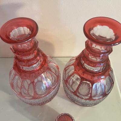 Pair Antique Cranberry Cut to Clear Crystal Liquor Decanter + Small Glass