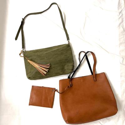 468 Joy Susan Green Micro Suede Bag and Brown Tote