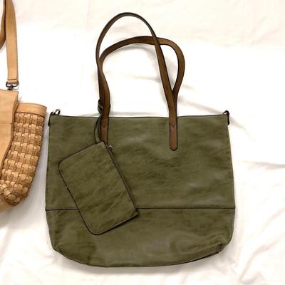 474 Anabaglish Taupe Leather Handbag with Green Suede Tote