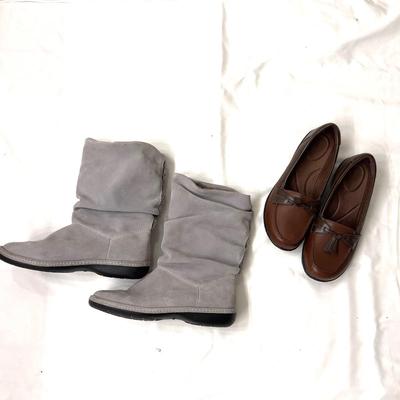 480 Pair of L.L. Bean Suede Boots and Clarks Leather slip-on Flats
