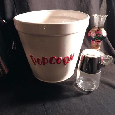 CERAMIC POPCORN BOWL-VINTAGE COKE GLASSES-GLASS PITCHER-GLASS COASTERS-STRAW HOLDER