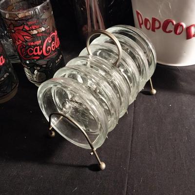 CERAMIC POPCORN BOWL-VINTAGE COKE GLASSES-GLASS PITCHER-GLASS COASTERS-STRAW HOLDER