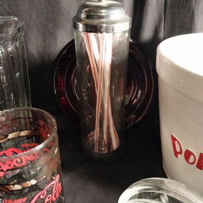 CERAMIC POPCORN BOWL-VINTAGE COKE GLASSES-GLASS PITCHER-GLASS COASTERS-STRAW HOLDER