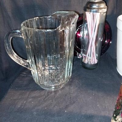 CERAMIC POPCORN BOWL-VINTAGE COKE GLASSES-GLASS PITCHER-GLASS COASTERS-STRAW HOLDER