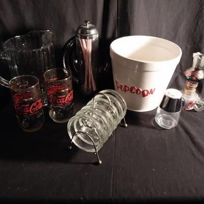 CERAMIC POPCORN BOWL-VINTAGE COKE GLASSES-GLASS PITCHER-GLASS COASTERS-STRAW HOLDER