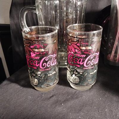 CERAMIC POPCORN BOWL-VINTAGE COKE GLASSES-GLASS PITCHER-GLASS COASTERS-STRAW HOLDER