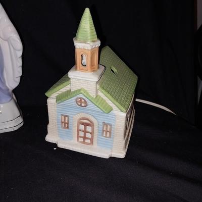 LIGHTED STAINGLASS CHURCH-LIGHTED CERAMIC CHURCH AND CERAMIC MOTHER MARY FIGURINE
