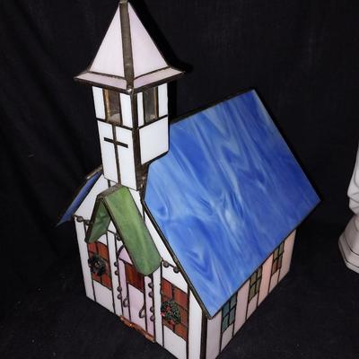 LIGHTED STAINGLASS CHURCH-LIGHTED CERAMIC CHURCH AND CERAMIC MOTHER MARY FIGURINE