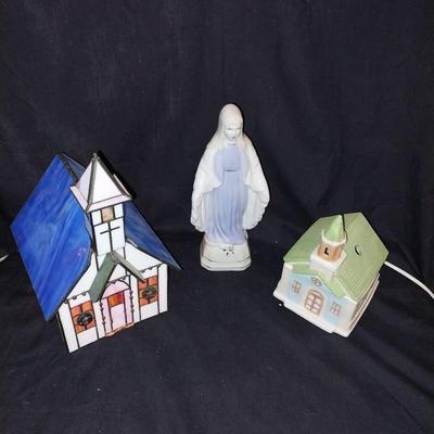 LIGHTED STAINGLASS CHURCH-LIGHTED CERAMIC CHURCH AND CERAMIC MOTHER MARY FIGURINE