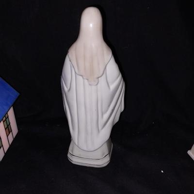 LIGHTED STAINGLASS CHURCH-LIGHTED CERAMIC CHURCH AND CERAMIC MOTHER MARY FIGURINE