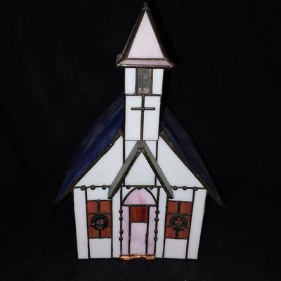 LIGHTED STAINGLASS CHURCH-LIGHTED CERAMIC CHURCH AND CERAMIC MOTHER MARY FIGURINE