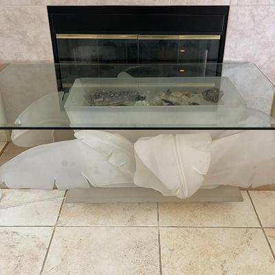 5.  1970s ART DECO HOLLYWOOD REGENCY PALM TREE BASE GLASS TOP LIGHTED COFFEE TABLE W/DISPLAY