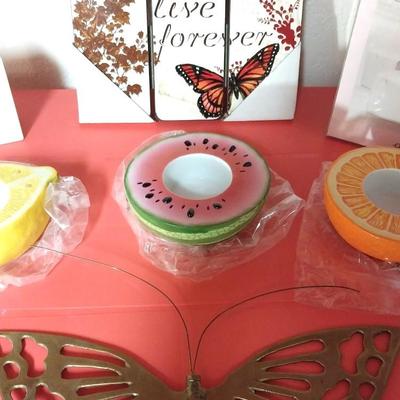 FRUIT CANDLE HOLDERS, BRASS BUTTERFLY, SMALL BOXES & MORE