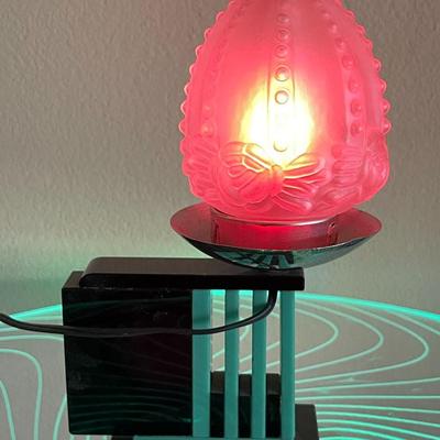 10.  ORIGINAL ART DECO BLACK & GREEN GLASS TABLE LAMP RED GLOBE