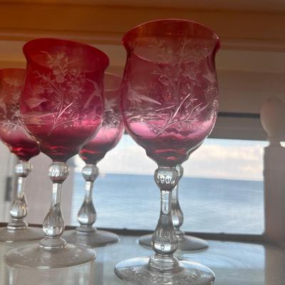 Vintage Set 10 Cranberry Etched Wine Glasses