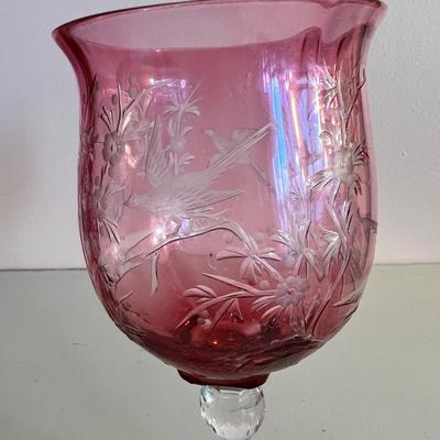 Vintage Set 10 Cranberry Etched Wine Glasses