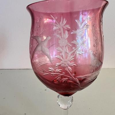 Vintage Set 10 Cranberry Etched Wine Glasses