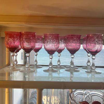 Vintage Set 10 Cranberry Etched Wine Glasses