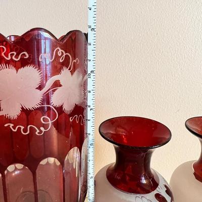 Lot Antique Czech. Bohemian Ruby Cut Glass Crystal Vases
