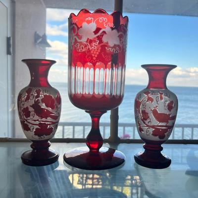 Lot Antique Czech. Bohemian Ruby Cut Glass Crystal Vases
