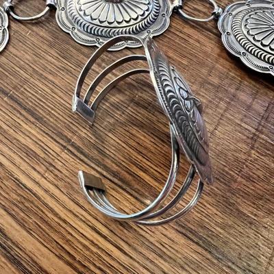 Vintage Navajo Sterling Silver Concho Belt + Matching Cuff Bracelet