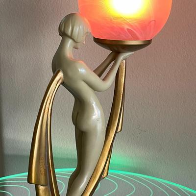 12.  1990s ART DECO FIGURAL TABLE LAMP FEMALE FORM HOLDING LAMP GLOBE