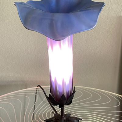 18.  Signed MORNING GLORY FIGURAL 90s REPRODUCTION ACCENT TABLE LAMP.  PURPLE GLASS