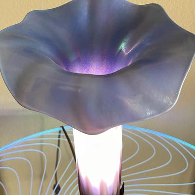 18.  Signed MORNING GLORY FIGURAL 90s REPRODUCTION ACCENT TABLE LAMP.  PURPLE GLASS