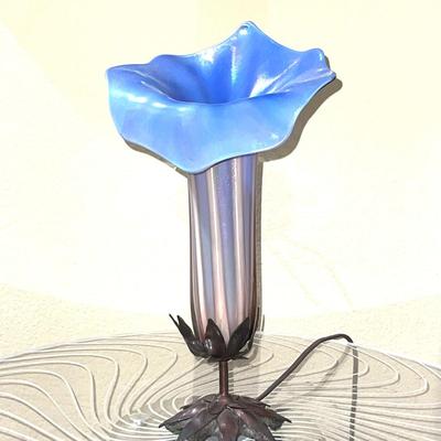 18.  Signed MORNING GLORY FIGURAL 90s REPRODUCTION ACCENT TABLE LAMP.  PURPLE GLASS