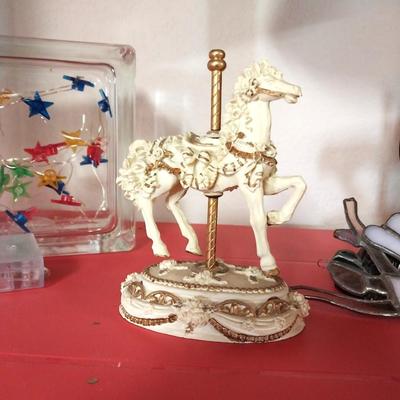 STAINED GLASS LAMP, CAROUSEL HORSE AND MORE