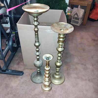3 TALL BRASS CANDLE HOLDERS