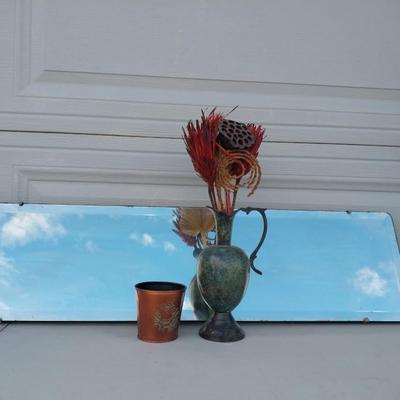 FULL LENGTH MIRROR, DECORATIVE METAL PITCHER AND METAL PAIL