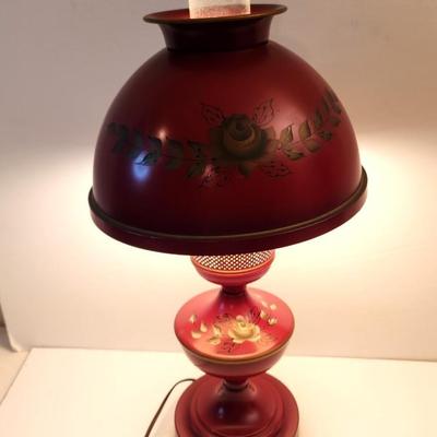 Lot #28  Vintage Tole Painted Table Lamp - Rose Motif