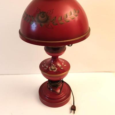 Lot #28  Vintage Tole Painted Table Lamp - Rose Motif