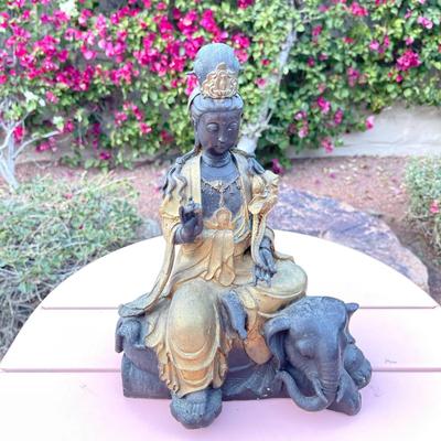 23.  ANTIQUE TEMPLE BRONZE BUDDAH FIGURE SEATED ON ELEPHANT GOLD ACCENTS BOTTOM INTACT