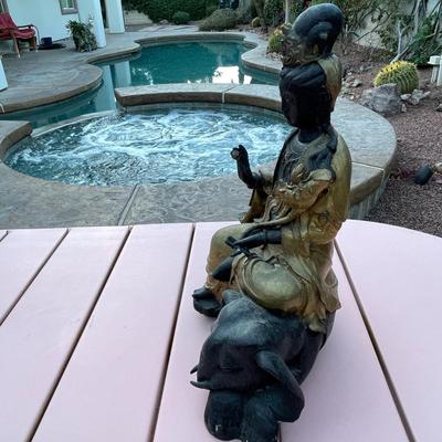 23.  ANTIQUE TEMPLE BRONZE BUDDAH FIGURE SEATED ON ELEPHANT GOLD ACCENTS BOTTOM INTACT