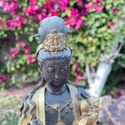 23.  ANTIQUE TEMPLE BRONZE BUDDAH FIGURE SEATED ON ELEPHANT GOLD ACCENTS BOTTOM INTACT