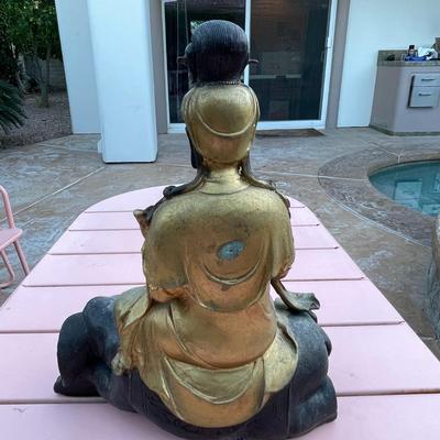 23.  ANTIQUE TEMPLE BRONZE BUDDAH FIGURE SEATED ON ELEPHANT GOLD ACCENTS BOTTOM INTACT
