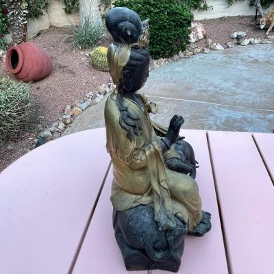 23.  ANTIQUE TEMPLE BRONZE BUDDAH FIGURE SEATED ON ELEPHANT GOLD ACCENTS BOTTOM INTACT