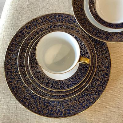 27.  SANGO FINE CHINA ARISTOCRAT SERVICE FOR 8 PLUS EXTRAS COBALT BLUE & GOLD BORDER