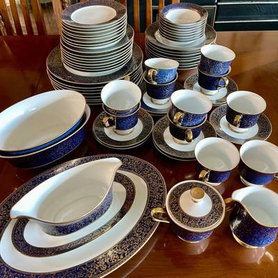 27.  SANGO FINE CHINA ARISTOCRAT SERVICE FOR 8 PLUS EXTRAS COBALT BLUE & GOLD BORDER