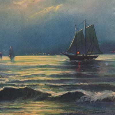 Vintage print Lighthouse Ocean Sea Waves Sailing Ship Moonlight Cliffs