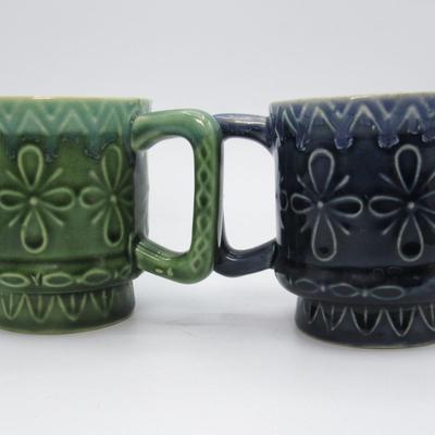 Pair of Retro Japanese Ceramic Drip Glaze MCM Green & Blue Drinking Mugs