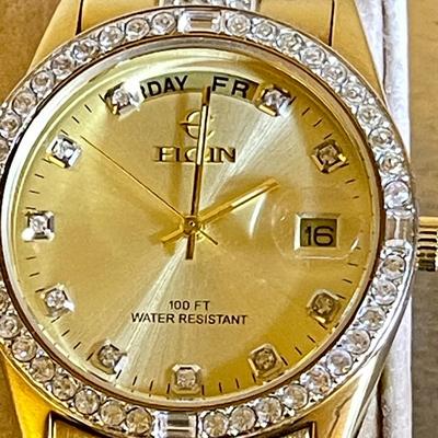 36.  ELGIN MENS WRISTWATCH GOLD FACE DAY DATE CRYSTAL EMBELLISHED