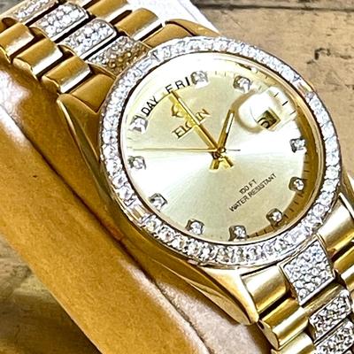 36.  ELGIN MENS WRISTWATCH GOLD FACE DAY DATE CRYSTAL EMBELLISHED