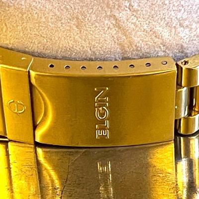 36.  ELGIN MENS WRISTWATCH GOLD FACE DAY DATE CRYSTAL EMBELLISHED