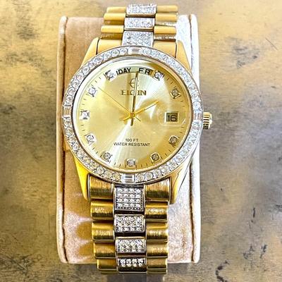 36.  ELGIN MENS WRISTWATCH GOLD FACE DAY DATE CRYSTAL EMBELLISHED