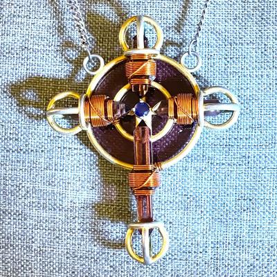 43.  LARGE MIXED METALS CELTIC CROSS STERLING SILVER CHAIN
