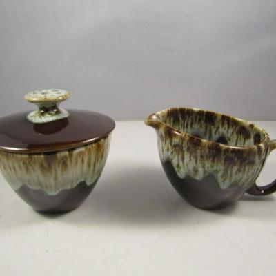 Drip Glazed Pottery Creamer and Covered Sugar Bowl- Marked USA