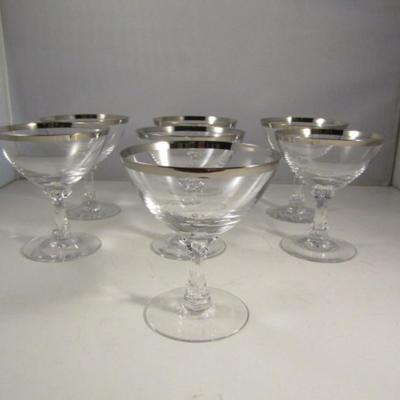 Vintage Fostoria Platinum Rim Champagne/Tall Sherbet Glasses- 'Wedding Ring' Pattern- 7 Pieces